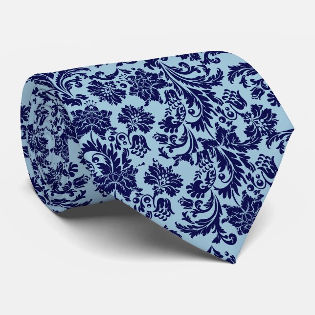 Navy Blue & Baby Blue Floral Paisley Muster Krawatte (Gerollt)
