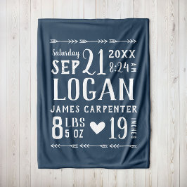 Navy Blue Baby Boy Birth Stats Keepake Fleecedecke