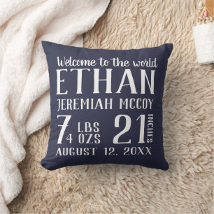 Navy Blue Baby Boy Nursery Birth Stats Coussin