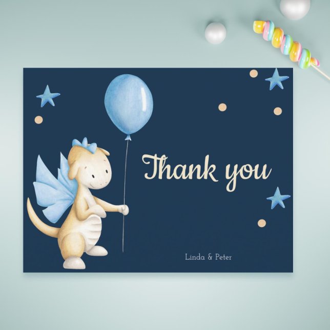 Navy Blue Baby Dragon Danke Baby Dusche Postkarte (Cute personalized thank you dragon baby shower postcard )
