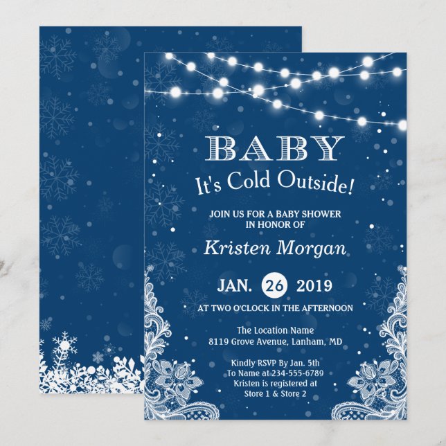 Navy Blue Baby mit kalter Außenwinterdusche Einladung (Vorne/Hinten)