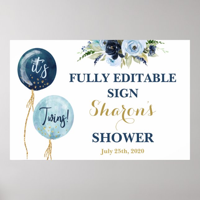Navy Blue Ballons Babydusche Zwei Jungs Zeichen Poster (Vorne)