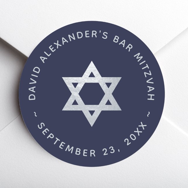 Navy Blue Bar Mitzvah - Faux Silver Star of David Runder Aufkleber (Von Creator hochgeladen)