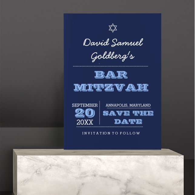 Navy Blue Bar Mitzvah Save the Date Card Einladung (Von Creator hochgeladen)