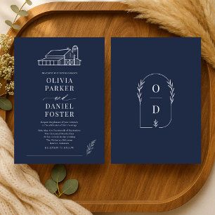 Navy Blue Barn Farmhouse Line Art Hochzeit Einladung