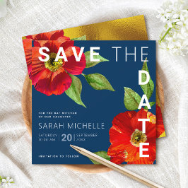 Navy Blue Bat Mitzvah Red Floral Watercolor Square Save The Date