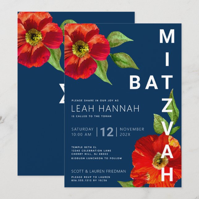 Navy Blue Bat Mitzvah Rote Flora Moderne Wasserfar Einladung (Vorne/Hinten)