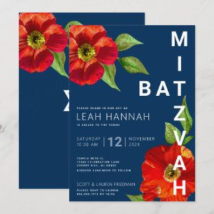 Navy Blue Bat Mitzvah Rote Flora Moderne Wasserfar Einladung