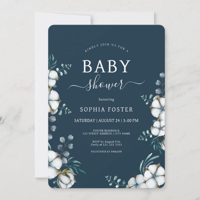 Navy Blue Baumwolle Blume elegante Babydusche Einladung (Vorderseite)