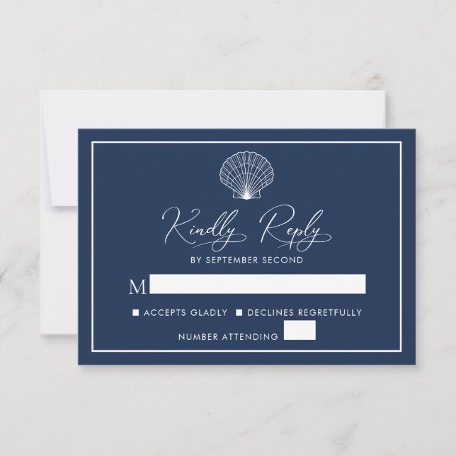 Navy Blue Beach Seashell Elegant Wedding RSVP Karte (Vorderseite)