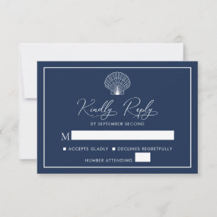 Navy Blue Beach Seashell Elegant Wedding RSVP Karte