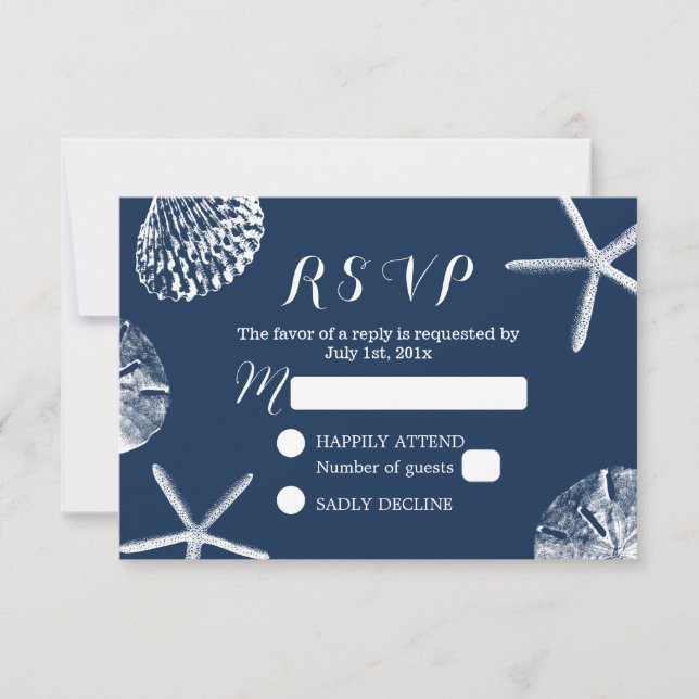 Navy Blue Beach Theme Seashells Wedding RSVP (Vorderseite)
