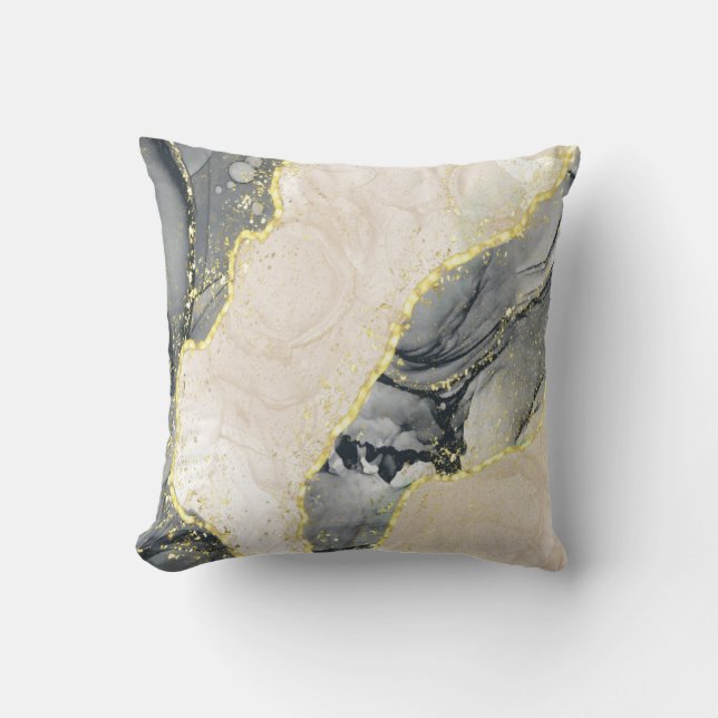 Navy Blue Beige Grau Gold Glitzer Alkohol Tinte Kissen (Vorderseite)