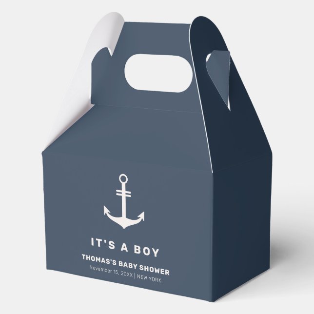 Navy Blue Beige Nautical Anchor Baby Dusche Geschenkschachtel (Rückseite)