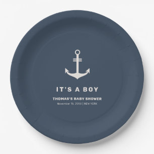 Navy Blue Beige Nautical Anchor Baby Dusche Pappteller