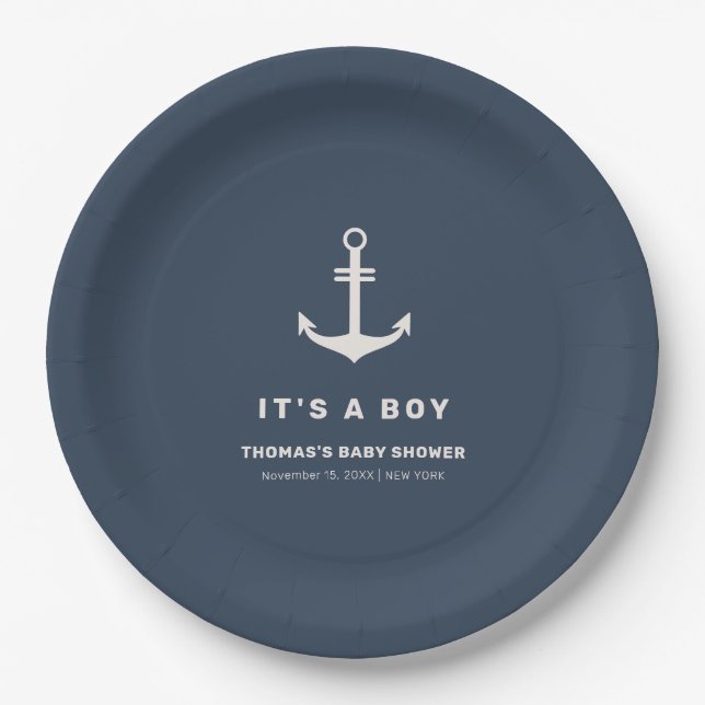 Navy Blue Beige Nautical Anchor Baby Dusche Pappteller (Vorderseite)