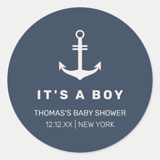 Navy Blue Beige Nautical Anchor Baby Dusche Runder Aufkleber (Vorderseite)