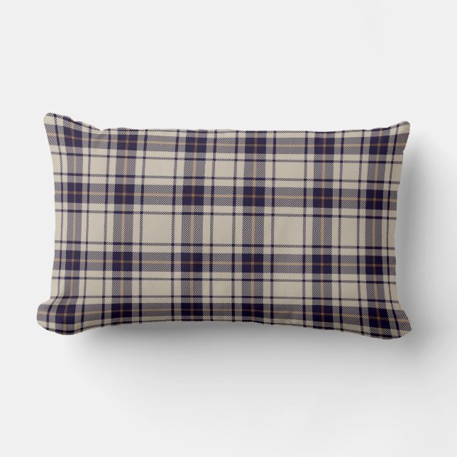 Navy Blue Beige Scottish Tartan Kariertes Muster Lendenkissen (Vorderseite)
