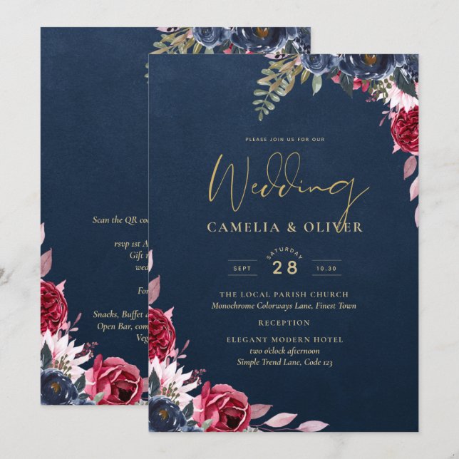 Navy Blue Berry Floral Burgundy Winter Fall Einladung (Vorne/Hinten)