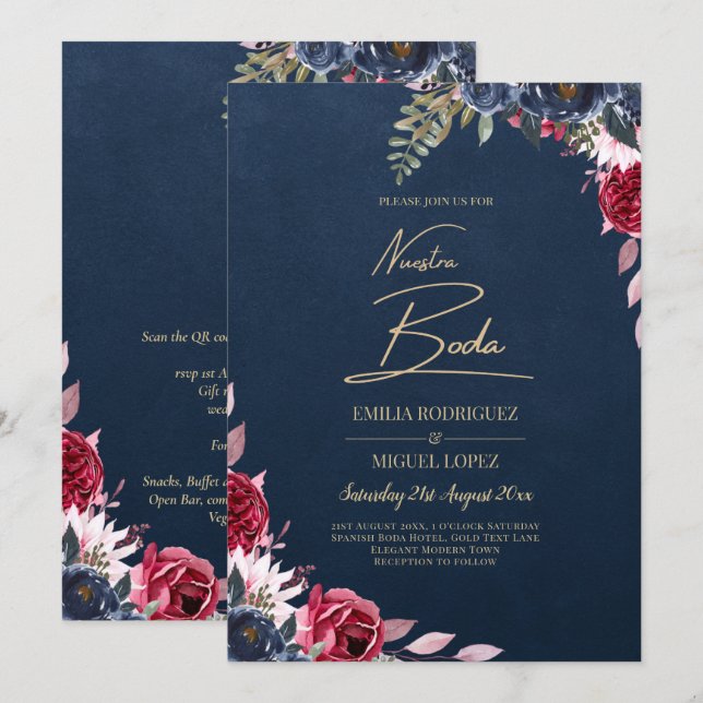 Navy Blue Berry Floral Burgundy Winter Fall Einladung (Vorne/Hinten)