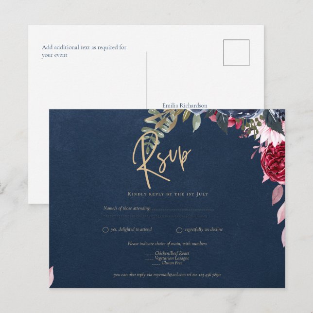 Navy Blue Berry Floral Burgundy Winter Fall Postkarte (Vorne/Hinten)
