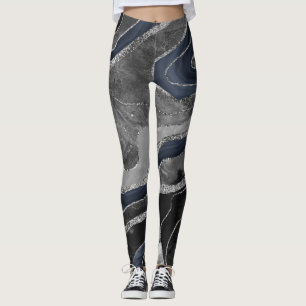 Navy Blue Black Marble Agate Silver Glitzer Glam 2 Leggings