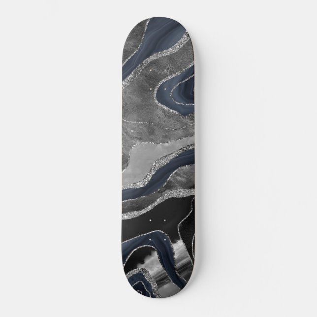 Navy Blue Black Marble Agate Silver Glitzer Glam 2 Skateboard (Vorderseite)