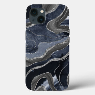 Navy Blue Black Marble Agate Silver Glitzer Glam Case-Mate iPhone Hülle