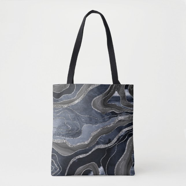 Navy Blue Black Marble Agate Silver Glitzer Glam Tasche (Vorderseite)