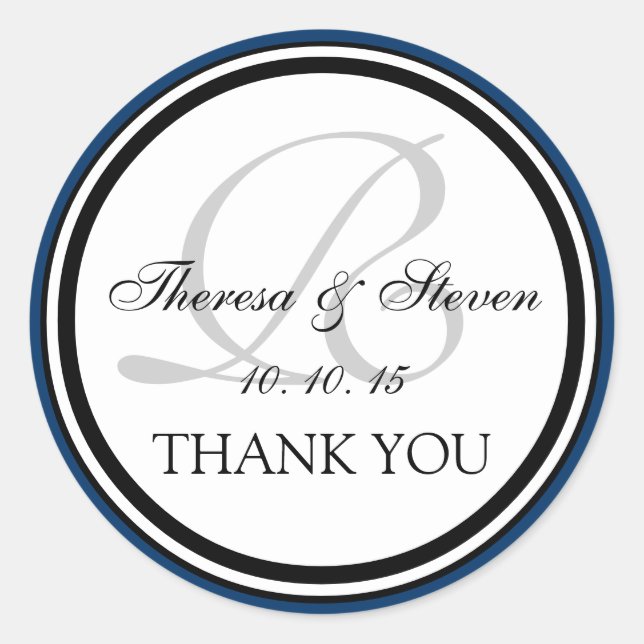 Navy Blue Black Monogram R Wedding Vielen Dank Runder Aufkleber (Vorderseite)