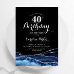 Navy Blue Black Silver Agate 40. Geburtstag Einladung<br><div class="desc">Navy Blau,  Schwarz und Silber agieren 40. Geburtstag Party Einladung. Elegantes modernes Design mit königsblauen Aquarellfarben,  marmorgeode Hintergrund,  Imitats Glitzer Silber und Typografie Drehbuch Schriftart. Die trendige Einladungskarte eignet sich perfekt für eine stilvolle Damenfeier. Gedruckte Zazzle-Einladungen oder Sofortdownload digitaler Druckvorlage.</div>