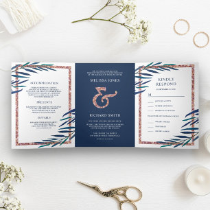 Navy Blue Blätter Branch Rose Gold Glitzer Hochzei Dreifach Gefaltete Einladung
