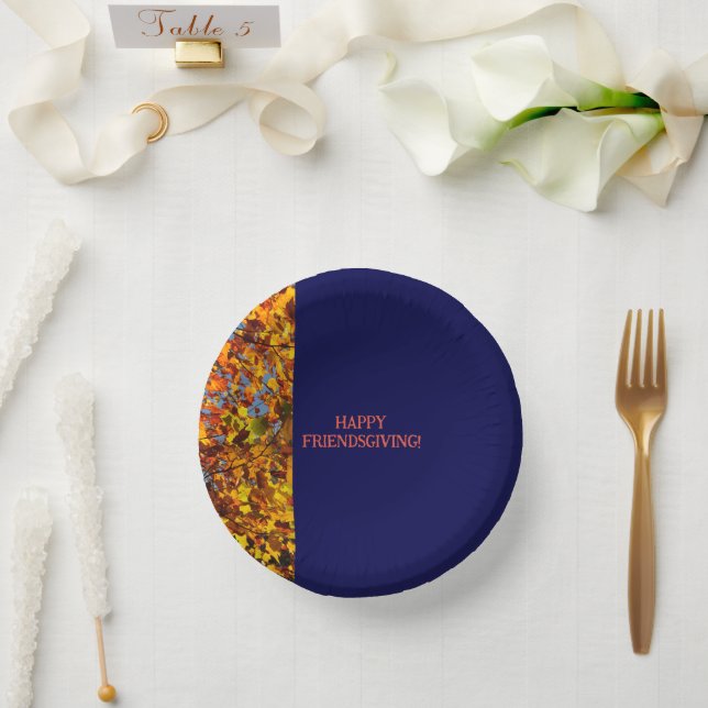 Navy Blue & Blätter Erntedank Friendsgiving Pappteller (Hochzeit)