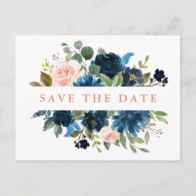 Navy Blue Blink Pink Rose Boho Save the Date Ankündigungspostkarte (Vorderseite)