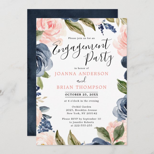 Navy Blue Blink Rosa Rose Boho Engagement Party Einladung (Vorne/Hinten)