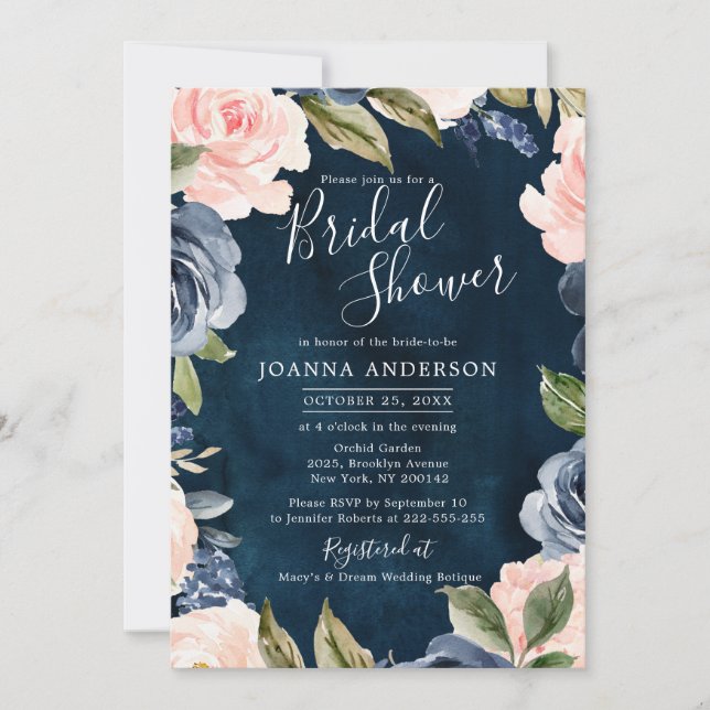 Navy Blue Blink Rosa Rose Gold Boho Brautparty Einladung (Vorderseite)
