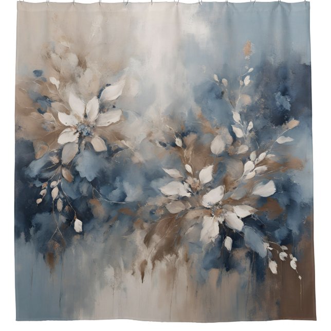 Navy Blue Blue Blue Brown Moderne Blumenwelt Duschvorhang (Vorderseite)