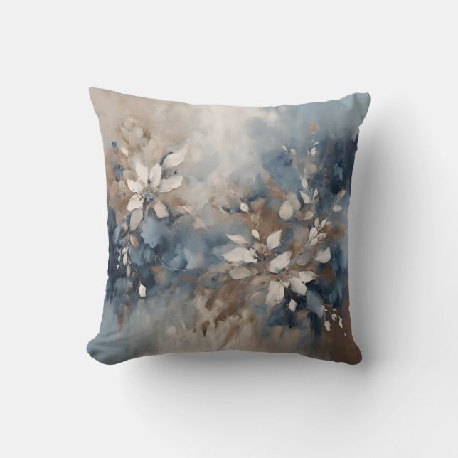 Navy Blue Blue Blue Brown Moderne Blumenwelt Kissen (Vorderseite)