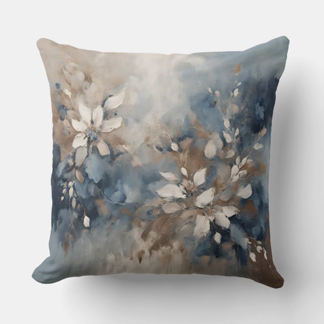Navy Blue Blue Blue Brown Moderne Blumenwelt Kissen (Vorderseite)