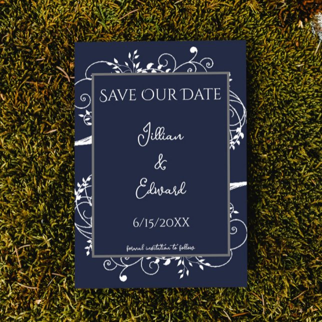 Navy Blue Blüh Ankündigung Datum freihalten (Navy Blue Flourish Save the Date Wedding Announcement)