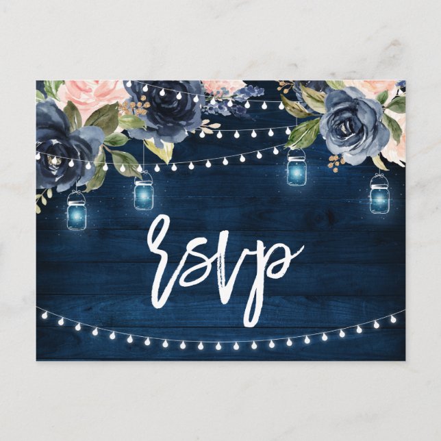 Navy Blue Blush Blues Rustikal String Light UAWG Postkarte (Vorderseite)