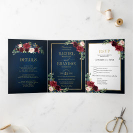 Navy Blue Blush Burgundy Gold Geometric Wedding Dreifach Gefaltete Ankündigung