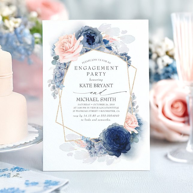 Navy Blue Blush Dusty Pink Floral Engagement Party Einladung (Dusty blue and pink engagement party invitation)