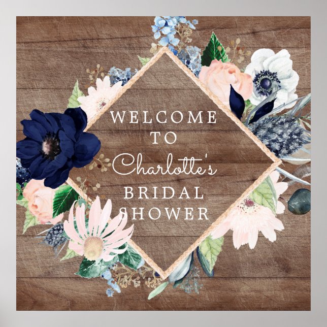 Navy Blue Blush Floral Bridal Shower Welcome Poster (Vorne)