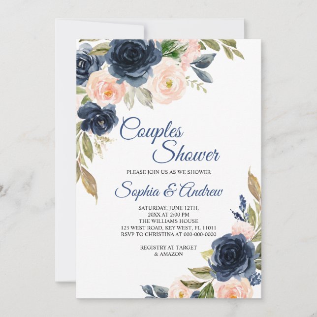 Navy Blue & Blush Floral Couples Shower Invitation (Devant)