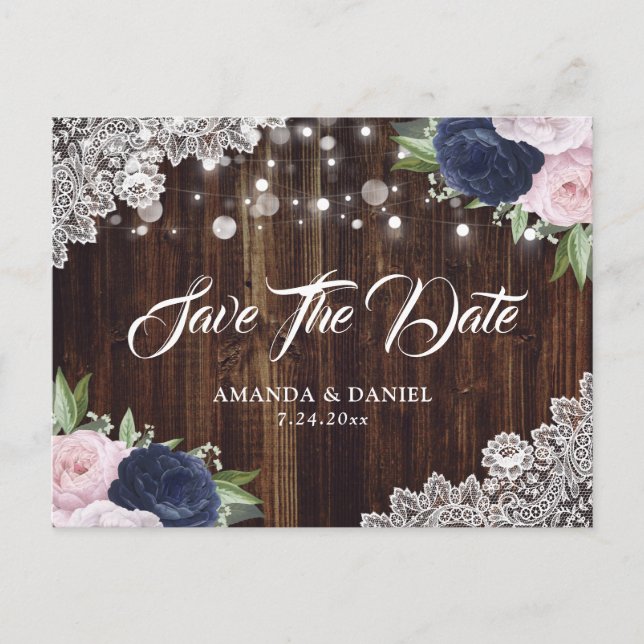 Navy Blue Blush Floral Save the Date Postkarte (Vorderseite)