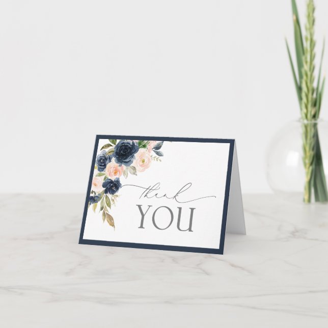 Navy Blue & Blush Floral Wasserfarbe Danke Karte (Vorderseite)