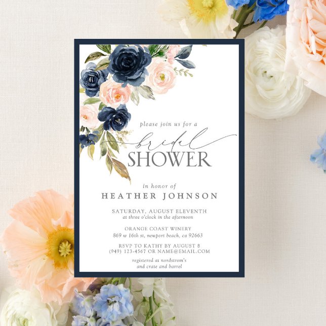 Navy Blue & Blush Floral Watercolor Bridal Shower Einladung (Von Creator hochgeladen)