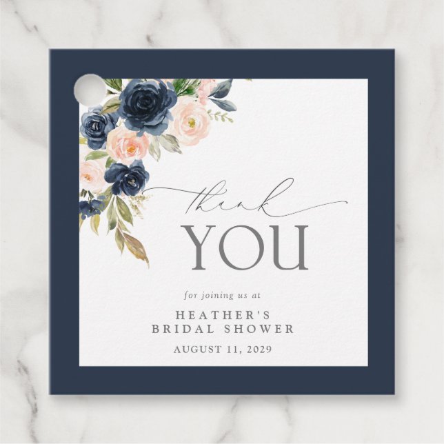 Navy Blue & Blush Floral Watercolor Bridal Shower Geschenkanhänger (Vorderseite)