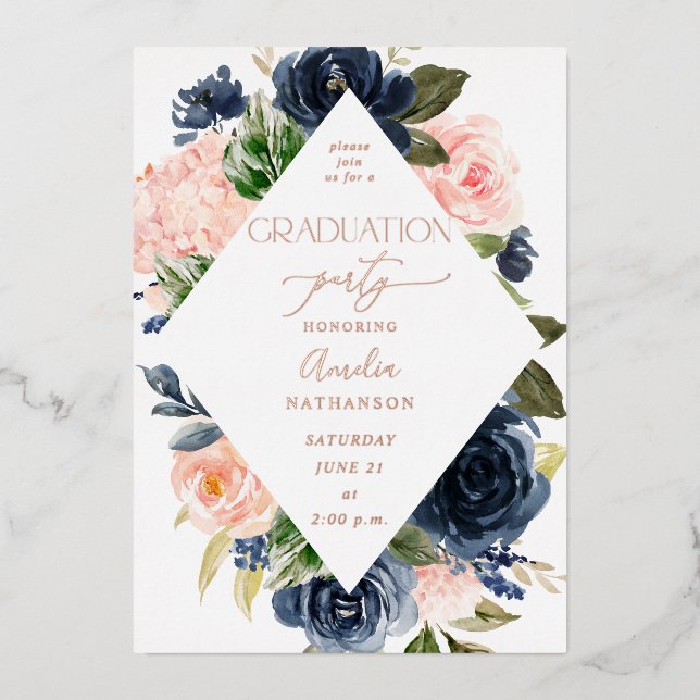 Navy Blue & Blush Pink Blues Graduation Party Folieneinladung (Vorderseite)